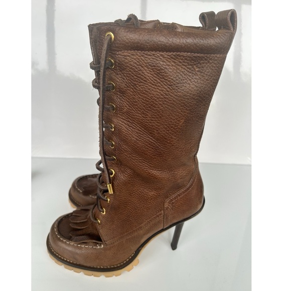 Tory Burch Trigg Brown Leather Rugged Stilleto Heel Kiltie Fringe Boot Size 9. - Picture 5 of 7